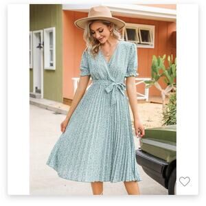 Women's Wrap V Neck Floral Pleated Midi Dress with Belt- Small